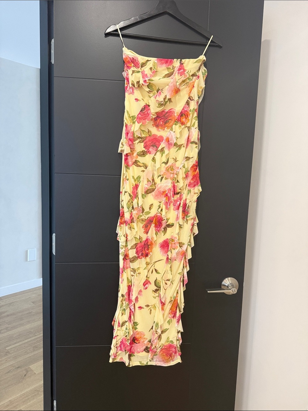 Floral Ruffle Midi Dress in Yellow with Pink Roses